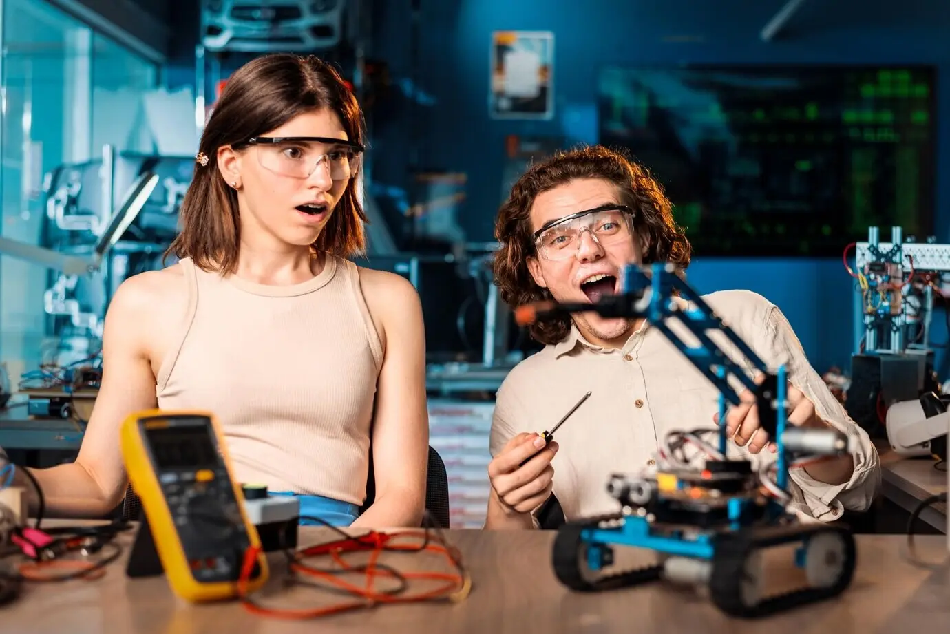 Ein junger Mann und eine junge Frau, beide begeistert und mit Schutzbrillen, führen im Labor Robotik-Experimente durch.