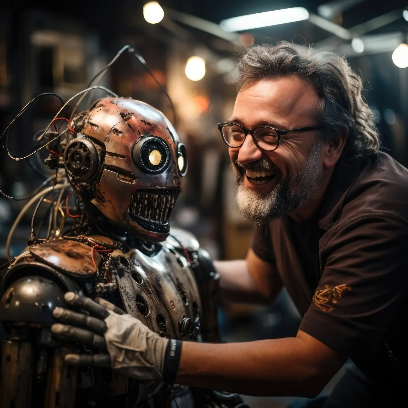 Ein Mann hängt mit einem Roboter ab.